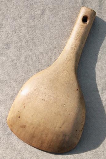 primitive old wooden scoop spoon, vintage butter paddle from farmhouse kitchen