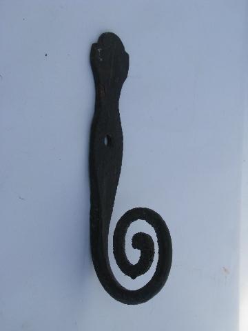 primitive old wrought iron coat hooks w/ big round spirals, vintage country
