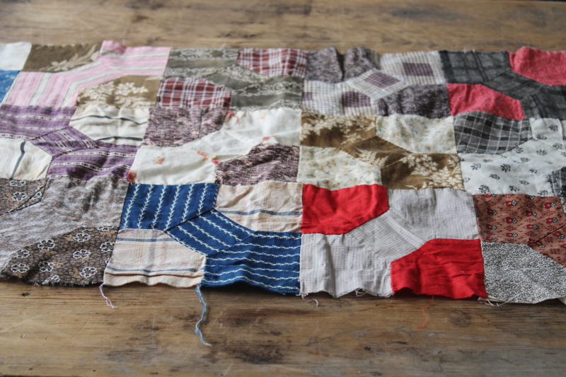 primitive patchwork table runner, antique  vintage cotton calico fabrics, quilt prints  shirtings