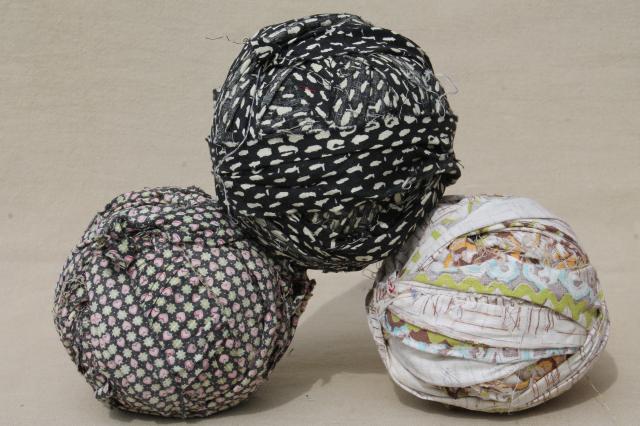 primitive rag balls all vintage fabrics, worn shabby prints & solids for making rugs