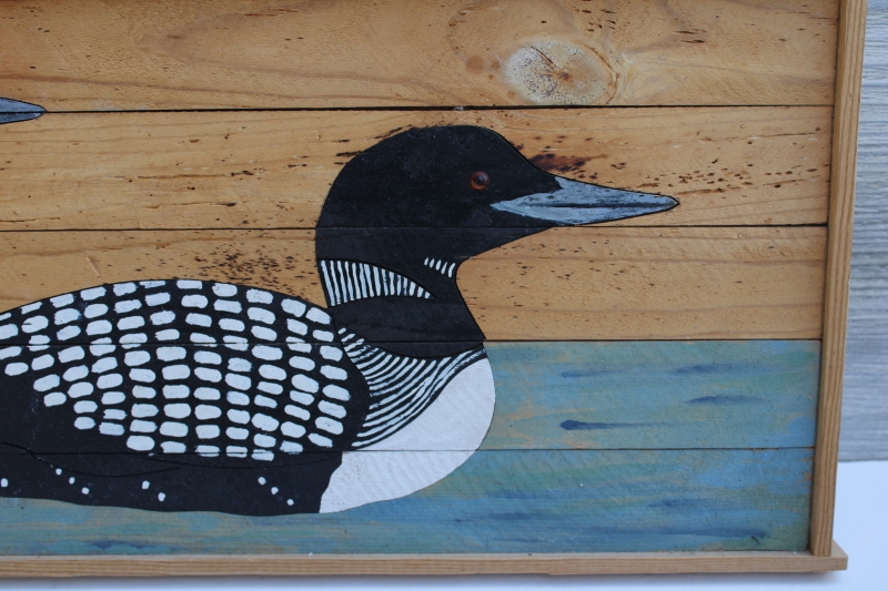 primitive rustic folk art style loons bird wildlife painting on wood boards plank