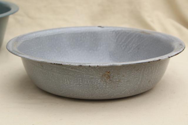 primitive rustic vintage graniteware enamel dish pans or camp basins in shades of grey