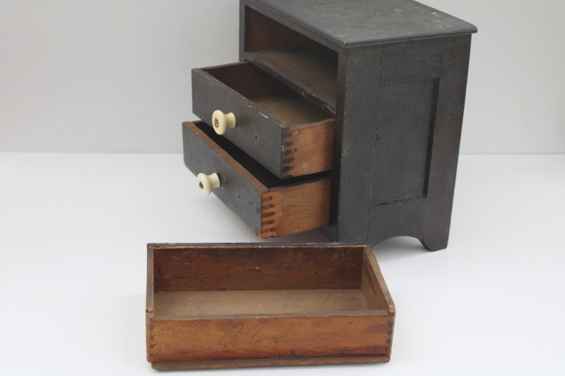 primitive small chest of drawers, antique doll furniture, sewing or jewelry box, original old dark wood