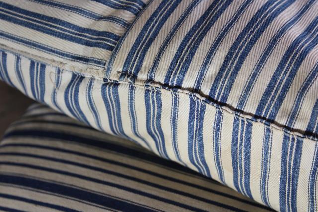 primitive square feather pillows or bench cushions, vintage indigo blue wide stripe fabric