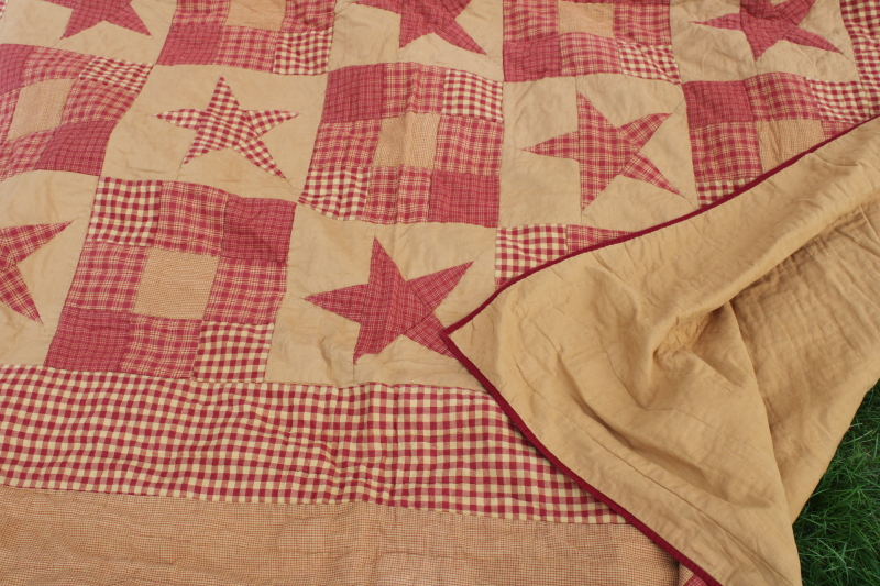 primitive stars barn red  tan patchwork cotton quilt queen 80s 90s vintage