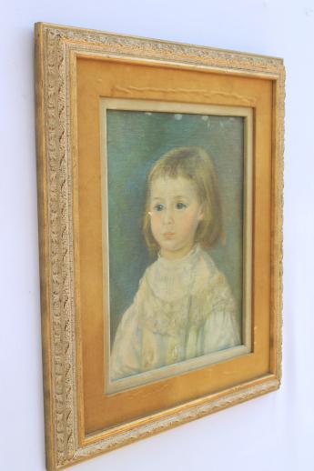 primitive style art child in white picture in shabby vintage gold & velvet frame