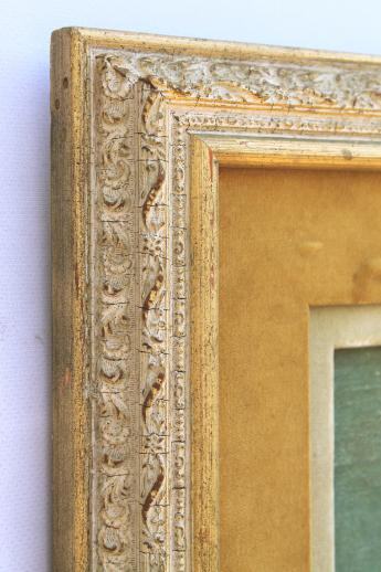 primitive style art child in white picture in shabby vintage gold & velvet frame