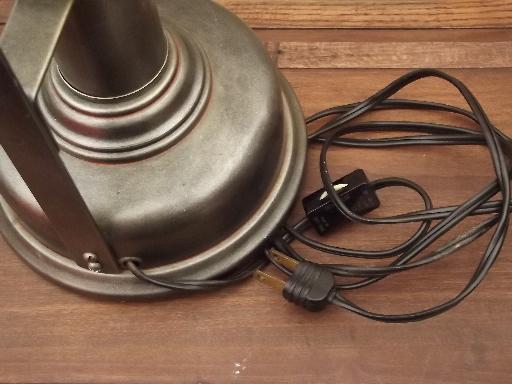 primitive style pewter lamp, electric candle stick lamp w/ bell shade 