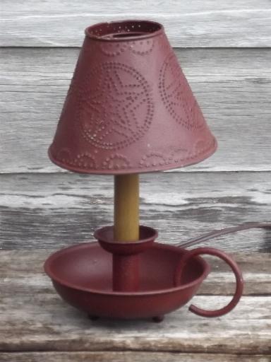 primitive tole table lamp w/ punched tin shade, country barn red paint