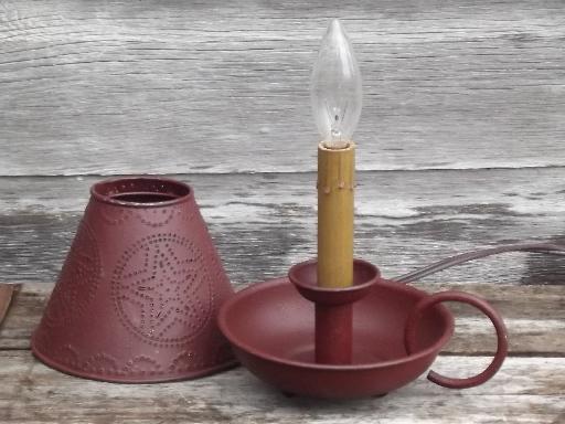primitive tole table lamp w/ punched tin shade, country barn red paint