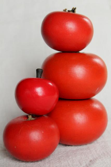 primitive vintage carved wood fruit, red tomatoes or apples, rustic country bowl fillers