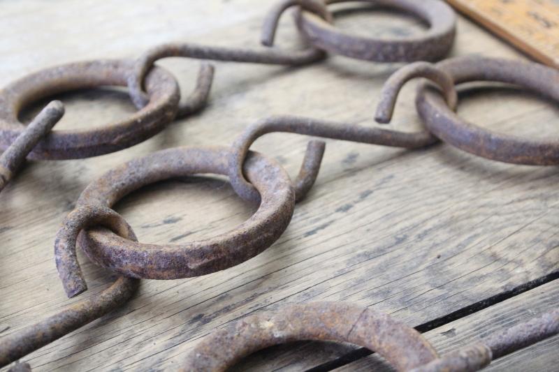 primitive vintage chains w/ cast iron rings, drag for farm cultivator or grain planter