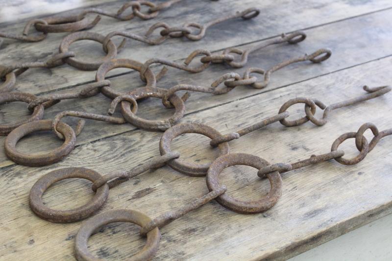 primitive vintage chains w/ cast iron rings, drag for farm cultivator or  grain planter