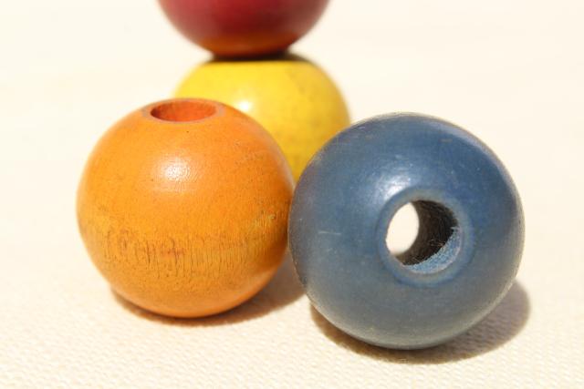 primitive vintage counting string, big round wood beads, wooden beads in primary colors