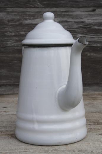 primitive vintage enamelware coffeepot, six cup white enamel coffee or tea pot