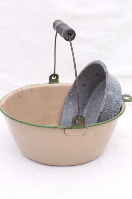 primitive vintage enamelware, grey spatterware pan, cream & green berry pail w/ handle