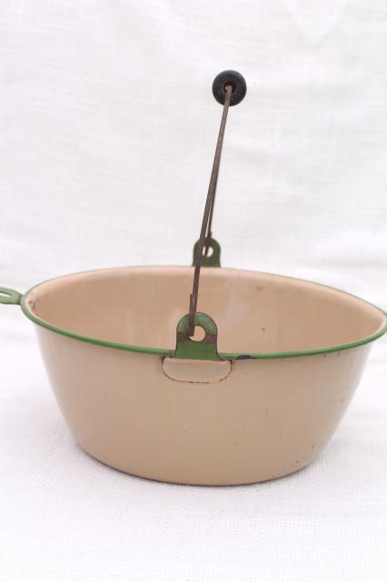 primitive vintage enamelware, grey spatterware pan, cream & green berry pail w/ handle