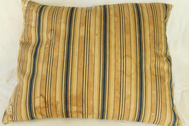 primitive vintage feather pillows w/ wide stripe brown & blue cotton ticking fabric