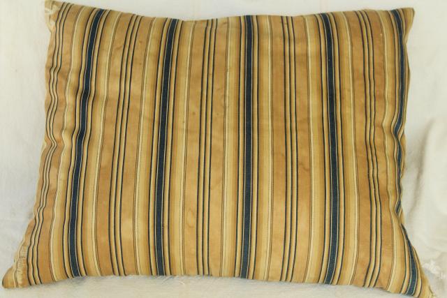 primitive vintage feather pillows w/ wide stripe brown & blue cotton ticking fabric