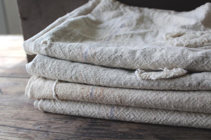 primitive vintage grain sacks w/ patching and mending, seamless type heavy cotton feed bags