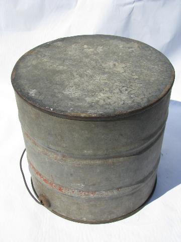 primitive vintage metal farm bucket, heavy wire / old wood handle