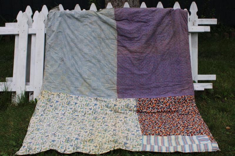 primitive vintage patchwork quilt, handmade tied comforter old cotton print fabrics  feedsacks