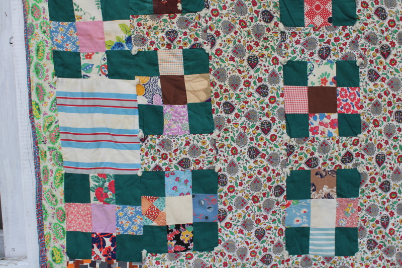 primitive vintage patchwork quilt, handmade tied comforter old cotton print fabrics  feedsacks