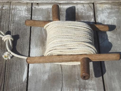 primitive vintage rope winder, old wood hand winder / clothesline reel