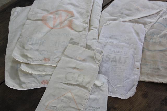 primitive vintage salt & sugar bags, cotton feed sack fabric w/ printed advertising