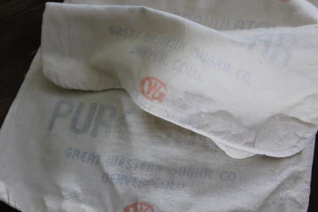 primitive vintage salt & sugar bags, cotton feed sack fabric w/ printed advertising