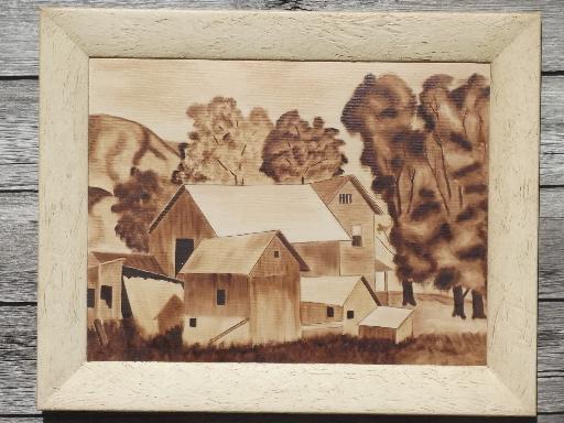 primitive vintage sepia tone paintings, WPA era midwest farm barns
