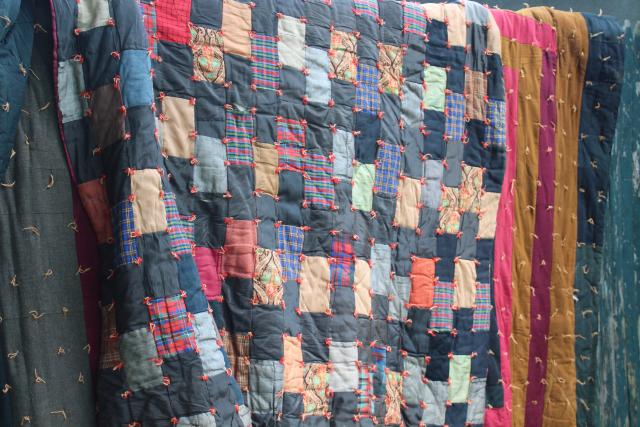primitive vintage tied quilts, antique wool fabric cotton plaid shirting scrap patchwork
