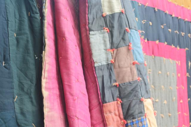 primitive vintage tied quilts, antique wool fabric cotton plaid shirting scrap patchwork