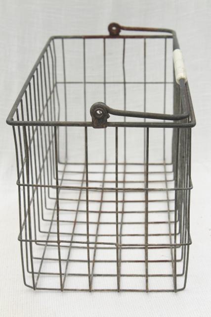 primitive vintage wire basket milk bottle carrier, rustic industrial storage or tote