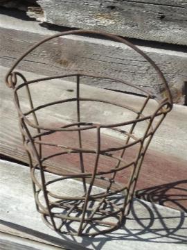 primitive vintage wire basket, old farm pail produce or tool bucket