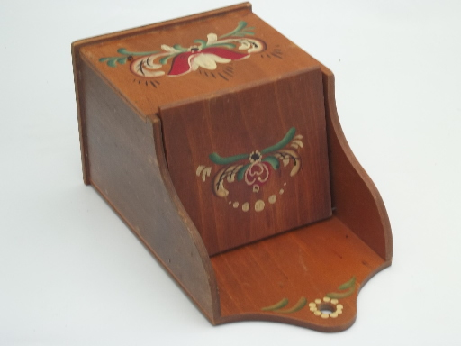 primitive vintage wood salt box, wood wall box w/ folk art painted flowers
