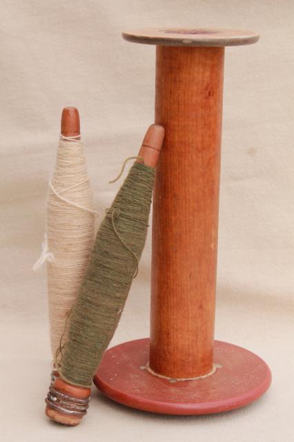 primitive vintage wood spool & yarn spindle bobbins, old weaving