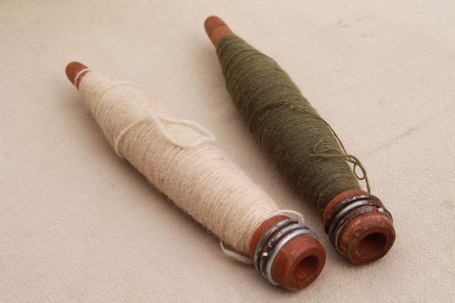 primitive vintage wood spool & yarn spindle bobbins, old weaving mill loom spools