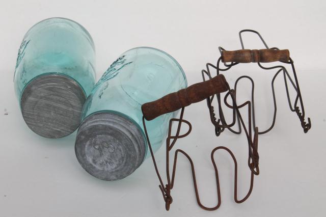 primitive wire rack jar carriers w/ wooden handles, old blue glass Ball Mason jars