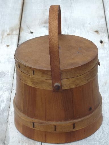 primitive wood sugar bucket, vintage wooden firkin pail w/ handle & lid
