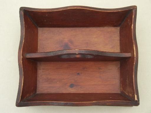 primitive wooden table box for spoons, vintage pine tote box tray w/ handle