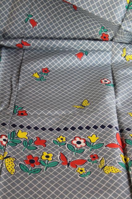 printed border cotton fabric, 1940s vintage folk art style print butterflies & flowers