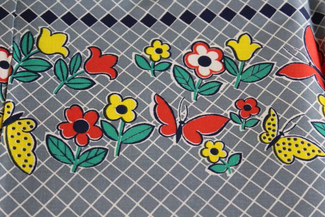 printed border cotton fabric, 1940s vintage folk art style print butterflies & flowers