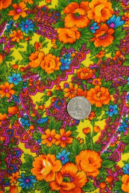 psychedelic colors 60s vintage paisley floral print fabric, crepe textured cotton or blend