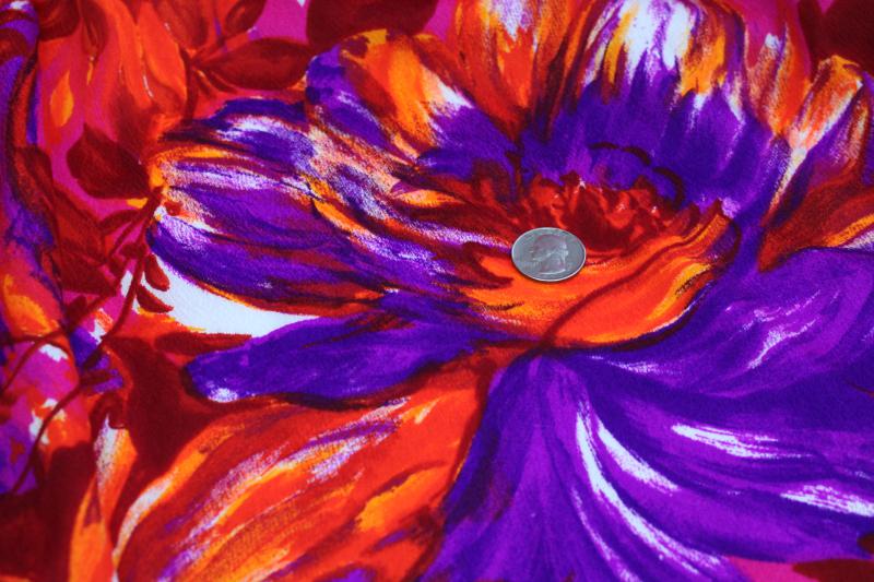 psychedelic print vintage fabric, day-glow pink orange purple challis or crepe