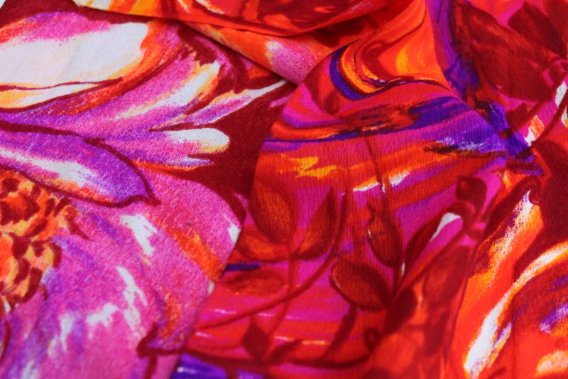 psychedelic print vintage fabric, day-glow pink orange purple challis or crepe