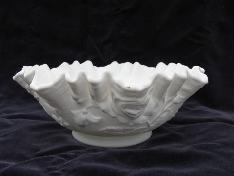 puffy roses white satin glass vintage Fenton ruffled bowl, embossed plate