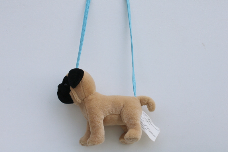 pug dog stuffed plush shoulder bag, zipper purse toy puppy w/ carrying strap