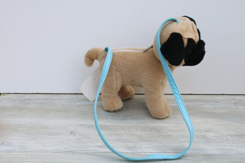 pug dog stuffed plush shoulder bag, zipper purse toy puppy w/ carrying strap