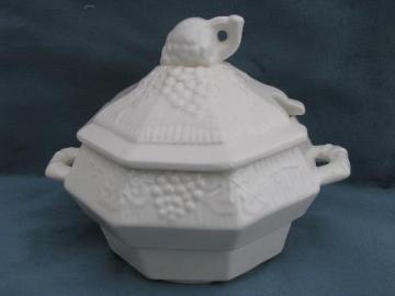 pure white ceramic soup tureen in fruits pattern, vintage California pottery